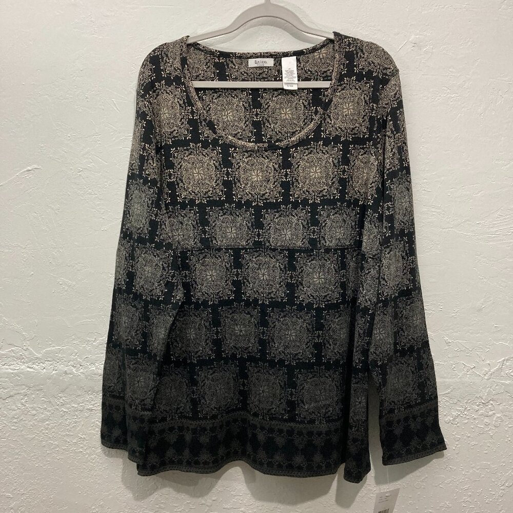 NWT Liz & Co Woman Knit Top Shirt Thermal Long Sleeve Brown Floral 3X